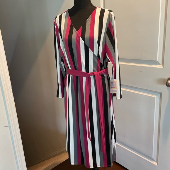 LuLaRoe Dresses & Skirts - Lula Roe Wrap Dress Size L Multi Color Striped Knit Timeless Classic Flattering
